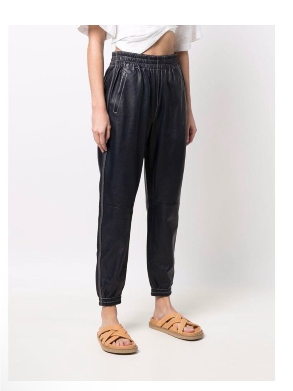 Ralph Lauren Navy Lamb Leather Joggers with Elastic Waist white stitching NWT